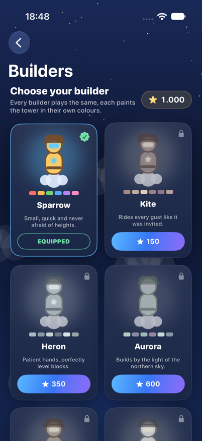 Builders gallery with unlocked and locked builders and their block palettes