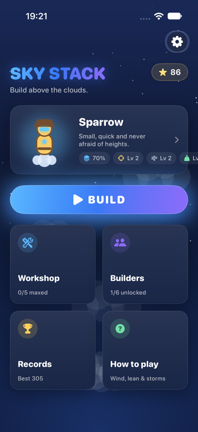 Base screen with the current builder, the build button and shortcuts to Workshop, Builders, Records and How to play