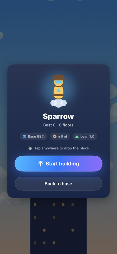 Pre-build card with the chosen builder, base width, perfect zone and lean limit