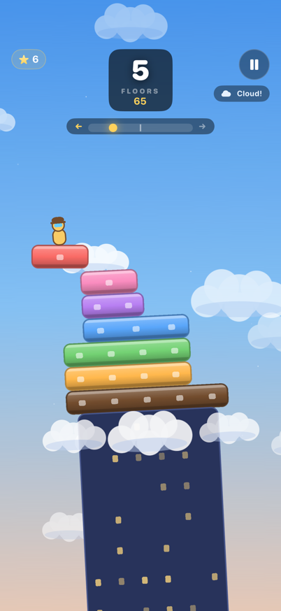 Gameplay: a cloud drifting beside the top of the tower