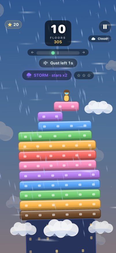 Sky Stack gameplay: a ten-floor tower of colourful blocks in a storm, with gust and storm banners above