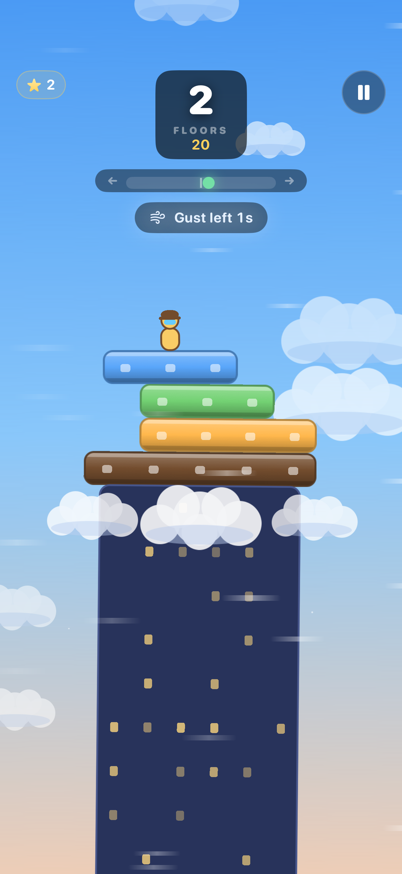 Gameplay: a gust banner warning which way the wind will push the block